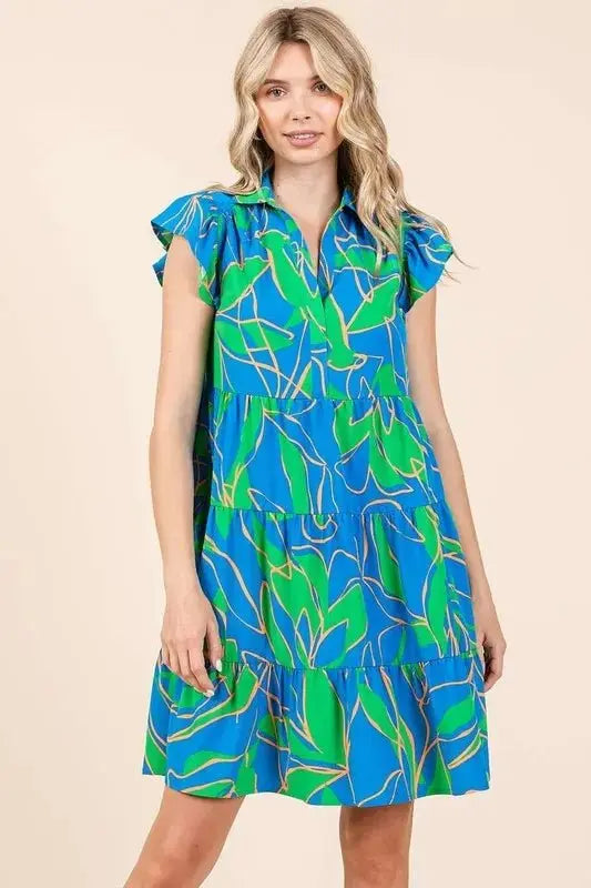 Mittoshop Leaf Print Ruffle Sleeve Tiered Mini Dress For Women - Love Salve